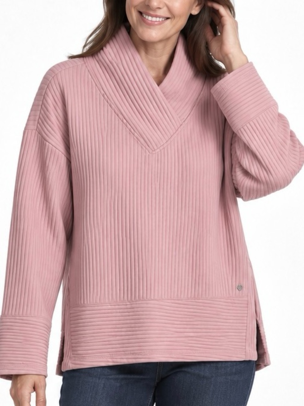 Tahari Ribbed Shawl Collar Pullover - Pink
